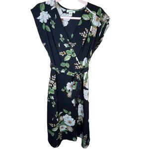 Monteau Black Floral‎ Wrap Front Tie Waist Women’s Floral Size XS Midi Dress